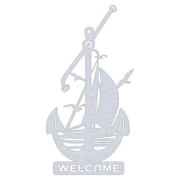 Aluminum wall sign featuring a laser-cut design of an anchor and sailboat with seabirds flying above. The sign measures 9.5 inches wide by 18 inches high.
